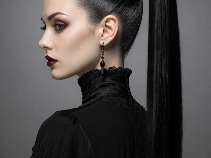 Super high slicked-back ponytail with dark glossy hair for a vampire Halloween look