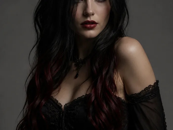 Long black hair with subtle blood-red temporary streaks at the ends for Halloween