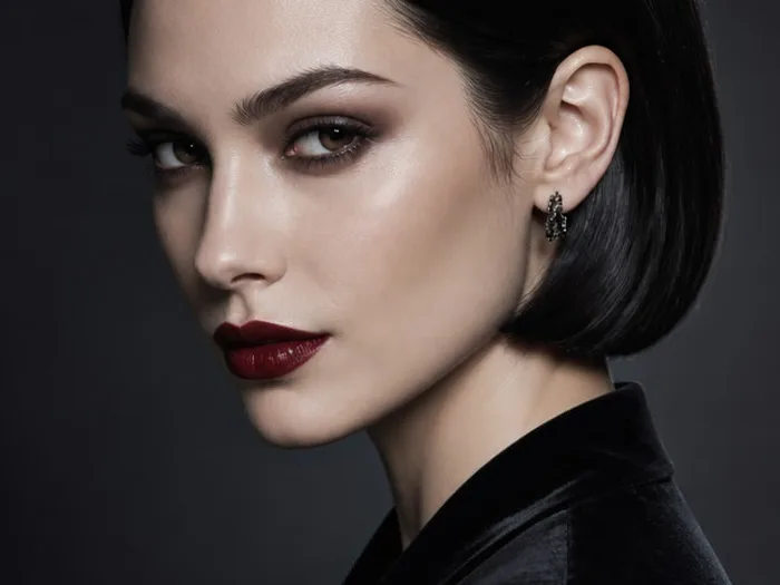 Sleek chin-length black bob tucked behind the ears with a sharp side part, vampire style