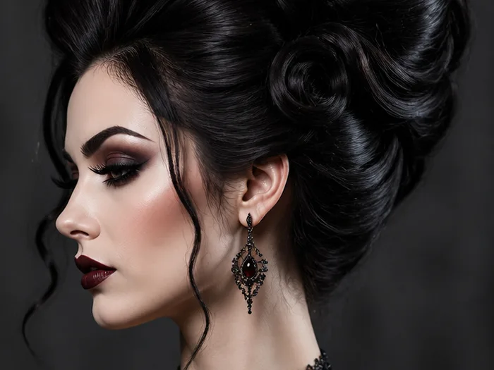 Elegant high-crown updo with volume in dark glossy hair, vampire queen Halloween style