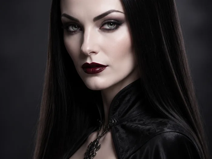 Sleek center-parted dark hair styled with a pointed widow's peak hairline, vampire look