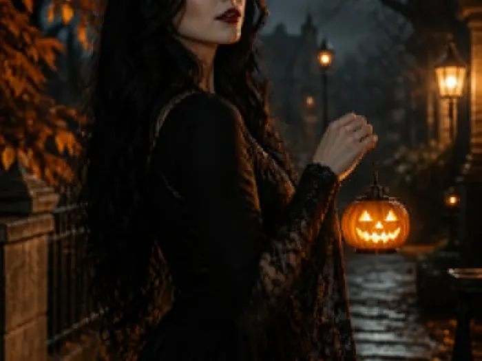 Woman with long dark vampire-style hair holding a small glowing pumpkin lantern