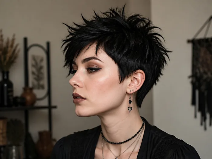 Textured pixie witch Halloween hairstyle with spiky tousled top for short hair