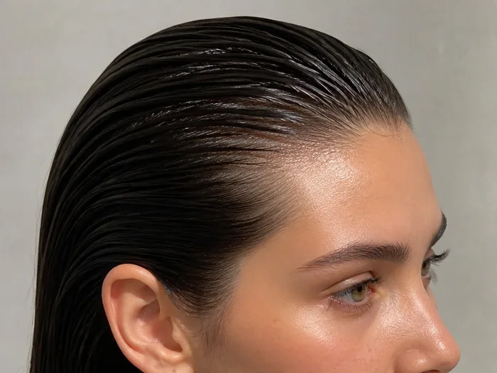 Wet-look slicked-back drowned witch Halloween hairstyle with gelled hair