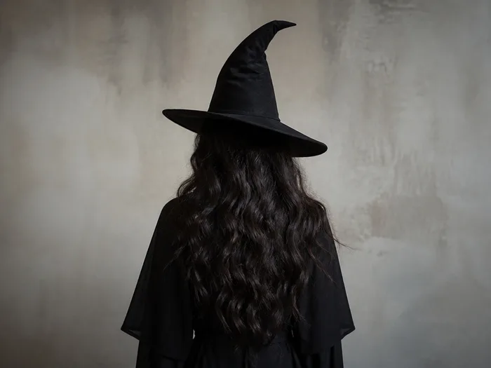 Voluminous witchy waves Halloween hairstyle with a black witch hat