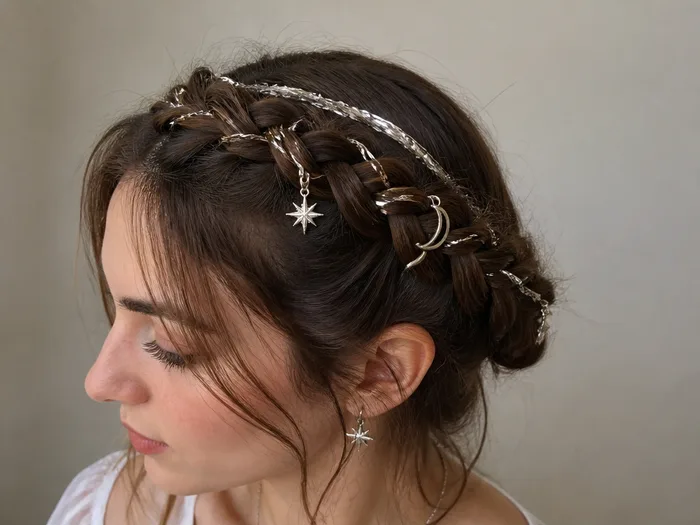 Braided crown Halloween hairstyle with silver tinsel and charms woven in