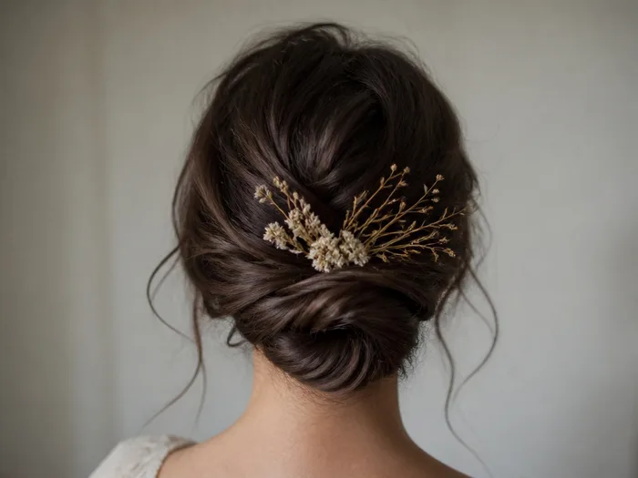 Twisted witch bun Halloween updo with twig and dried flower accents