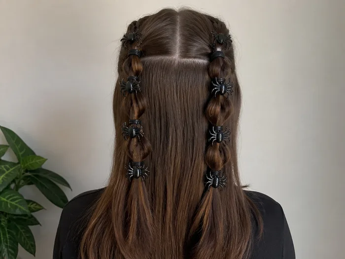 Half-up bubble braids Halloween hairstyle with small black spider clips