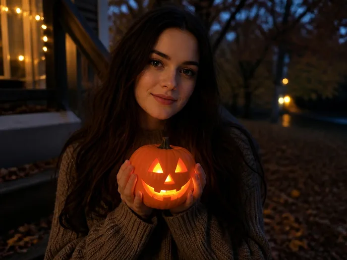 Woman with long dark witchy hair holding a small pumpkin lantern