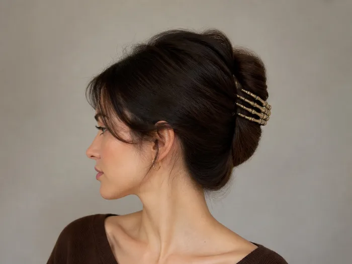 Woman with a classic French twist held with a skeleton hand claw clip for Halloween