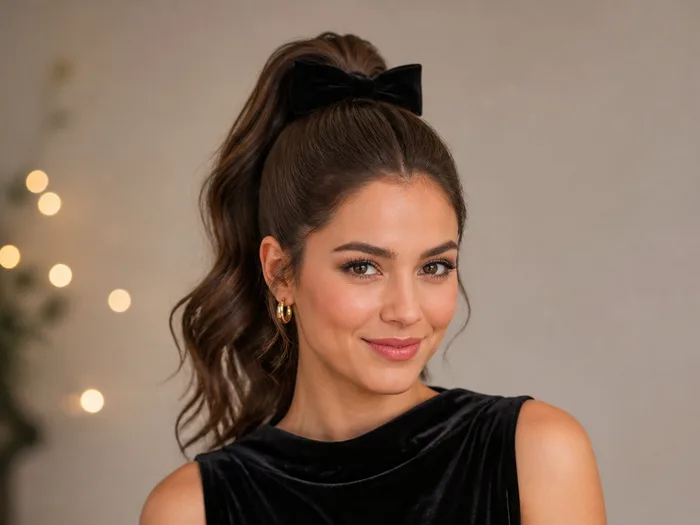 Woman with a sleek high ponytail tied with a black velvet bow for a Halloween office party