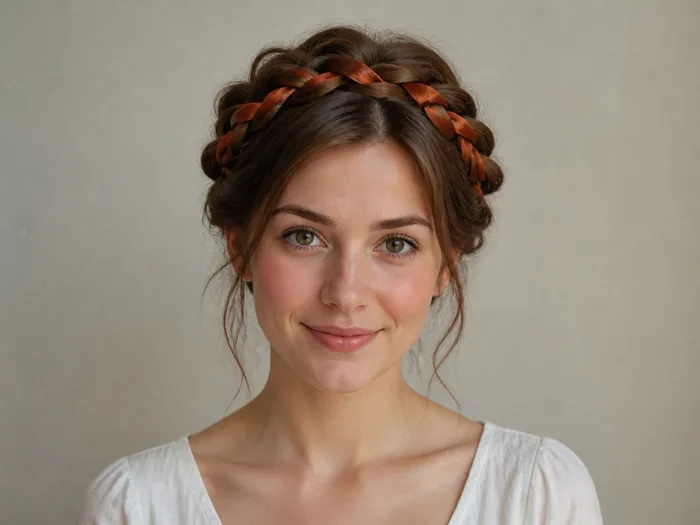 Woman with a soft braid crown woven with a thin burnt orange ribbon for a Halloween work party