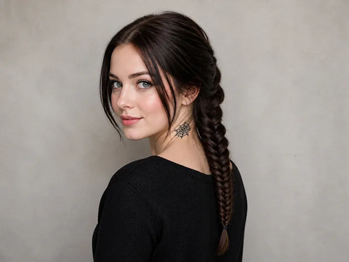 Woman with a long fishtail braid with a small woven spiderweb detail near the nape for Halloween