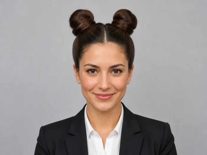 Woman with two small polished topknots styled like cat ears for a Halloween office party