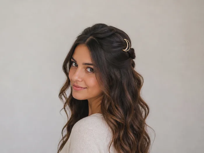 Woman with a half-up twisted hairstyle held with a crescent moon hair clip for Halloween