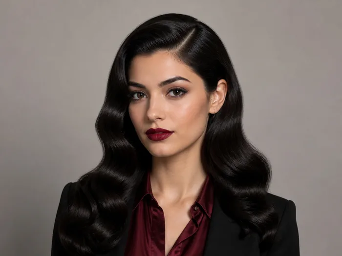 Woman with glossy slick side part waves in deep oxblood tones for a Halloween work party