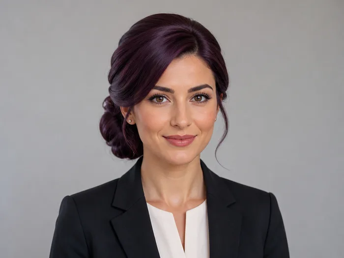 Woman with an elegant low chignon in deep plum tones for a Halloween office party