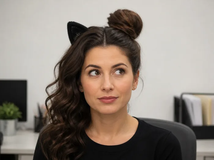 Woman choosing between Halloween work party hairstyles at her office desk
