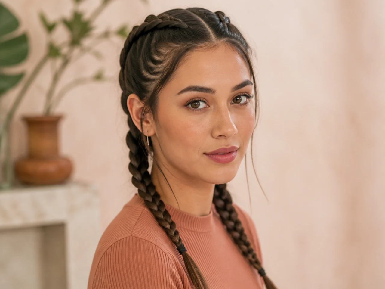 Two Dutch braids from the hairline