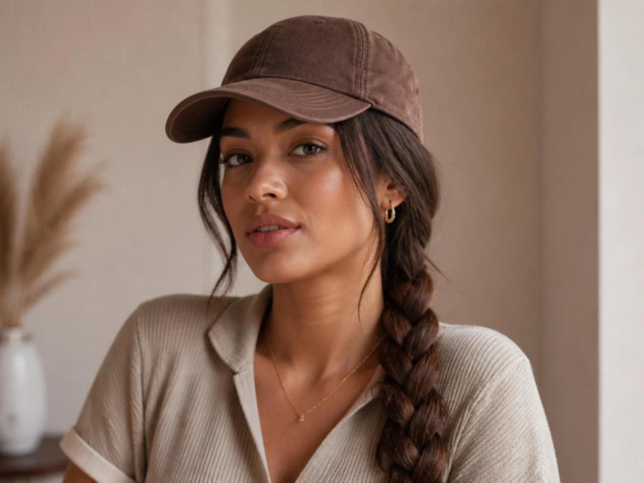 A cap worn with a low braid