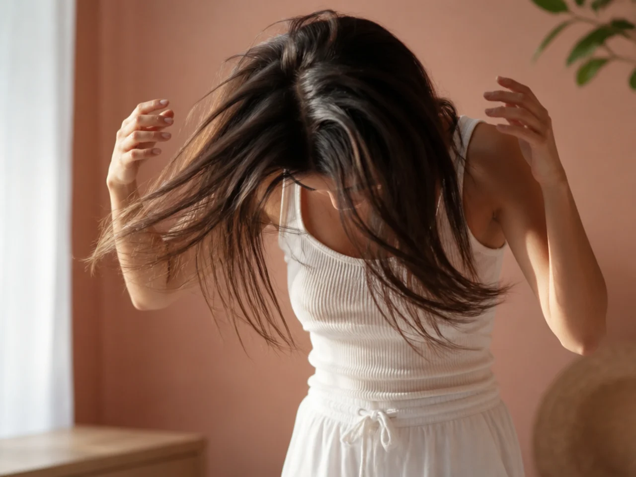 Hair flipped forward and shaken at the roots