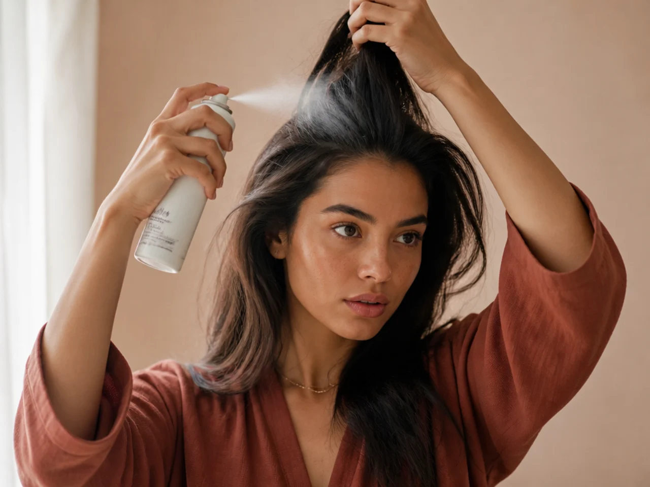 Dry shampoo sprayed into lifted root sections