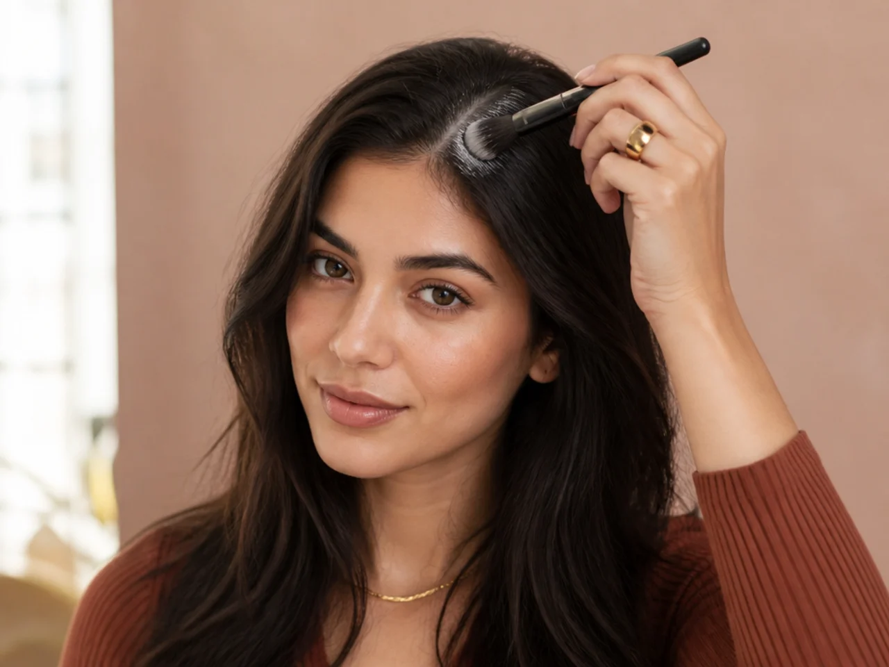 Translucent powder brushed into the roots