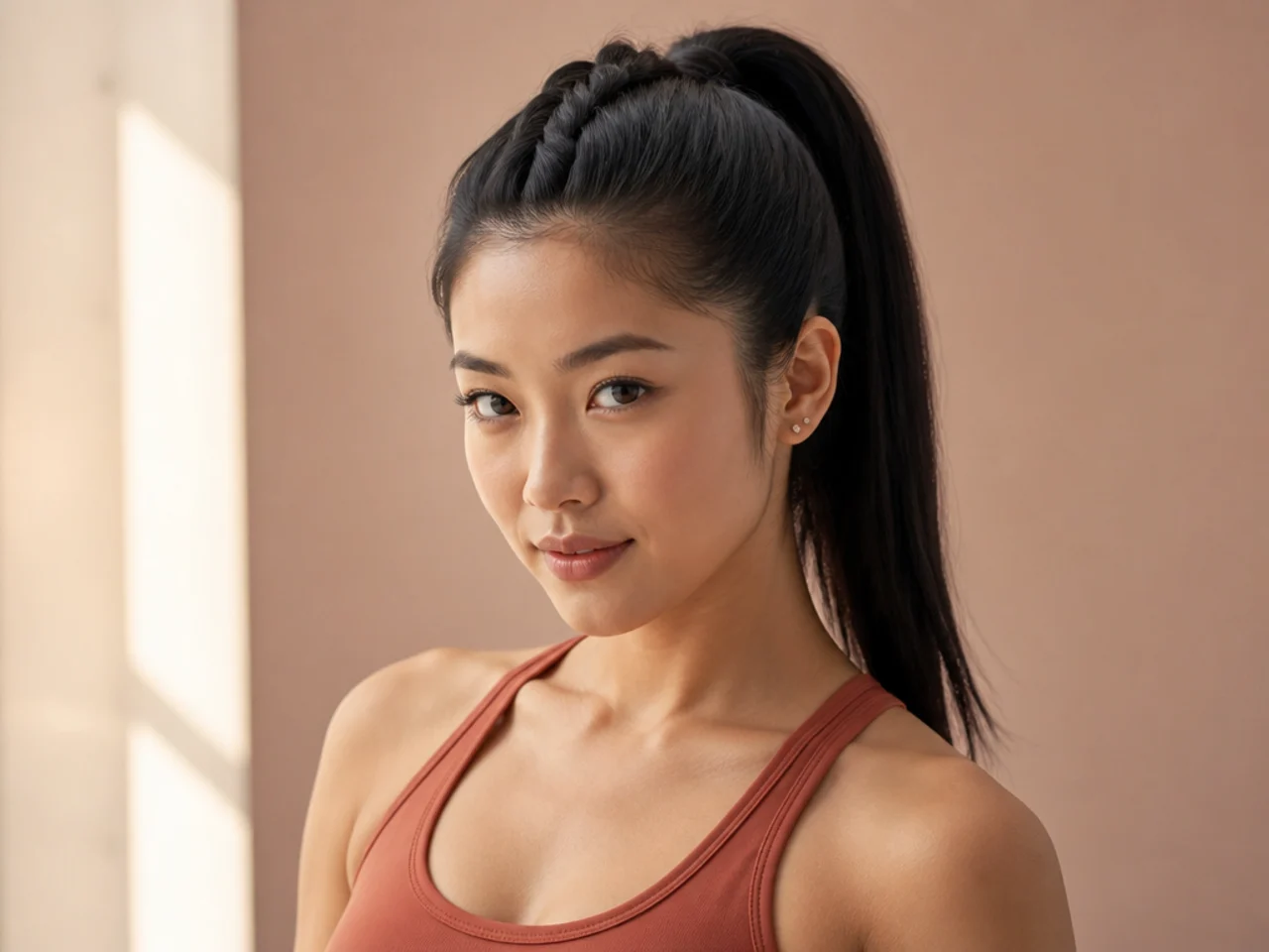 Single French braid running from the forehead over the crown feeding into a high ponytail on an East Asian woman with sleek straight black hair