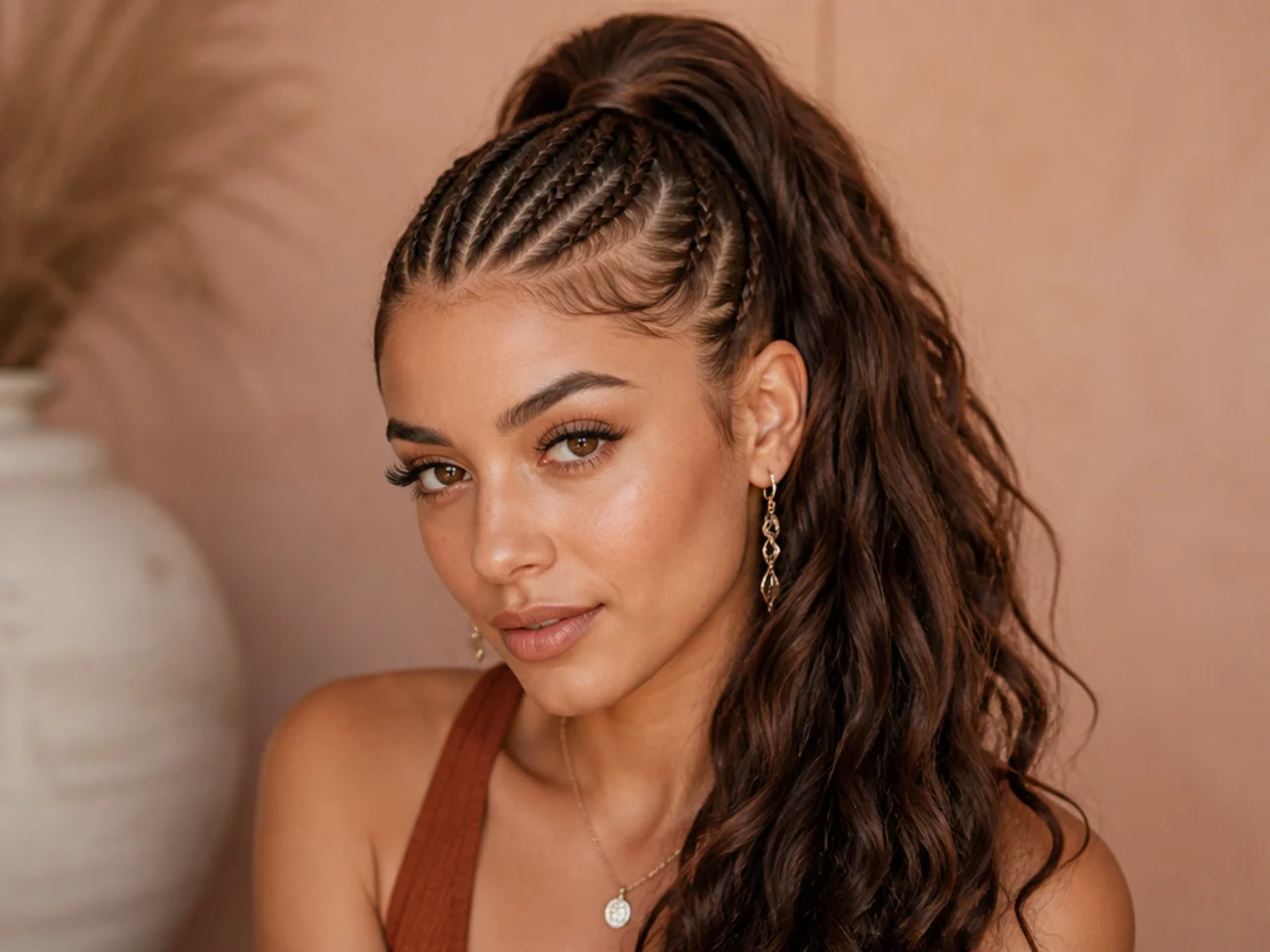 Multiple thin baby braids running along the hairline meeting a high ponytail at the crown on a mixed-ethnicity woman with medium-brown hair