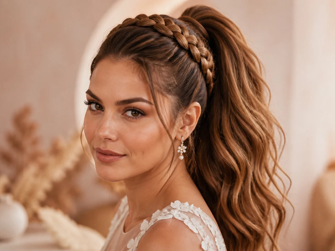 Coronet braid encircling the crown feeding into a high ponytail on a woman with long light chestnut hair