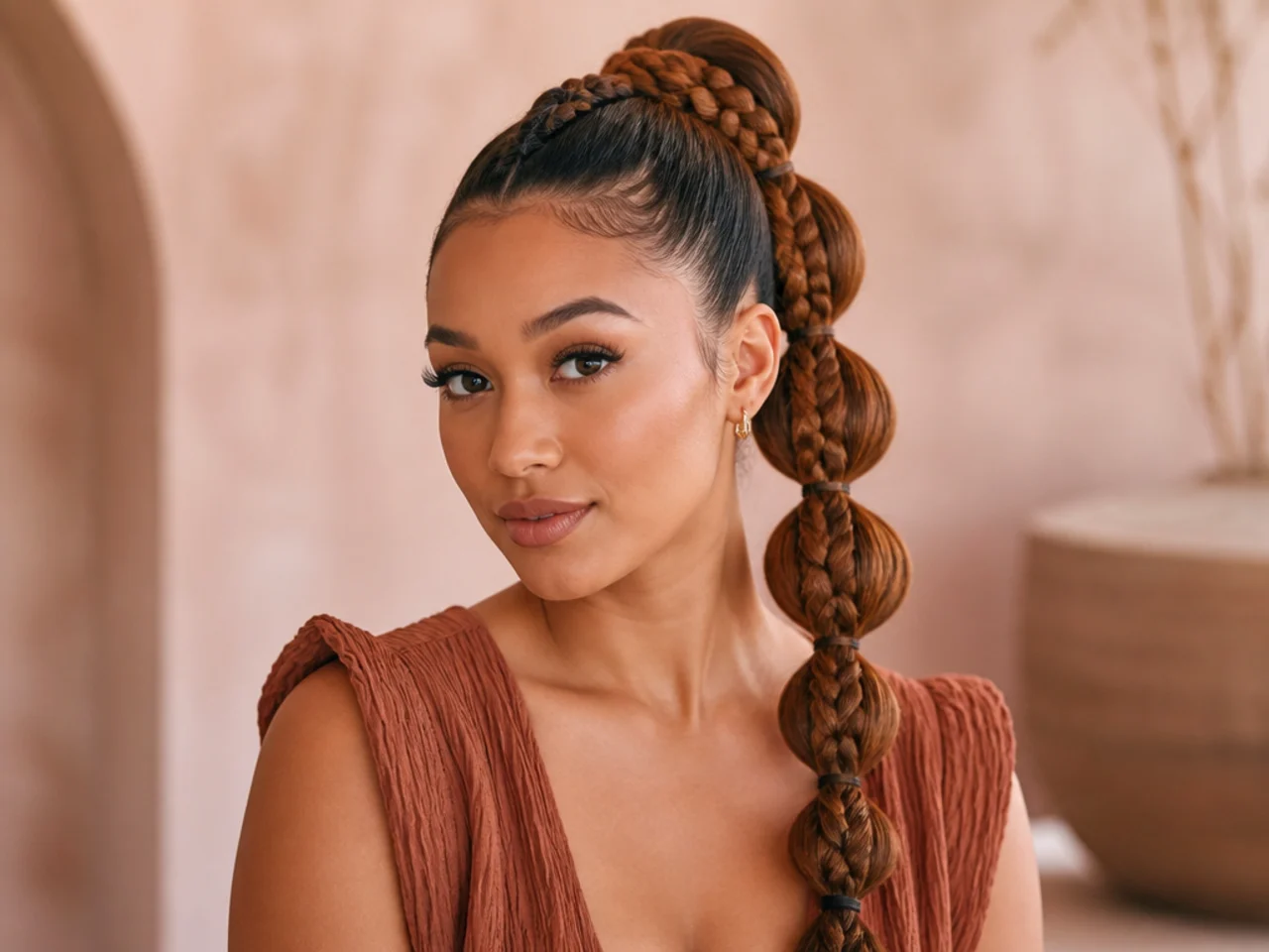 High ponytail with alternating three-strand braid and puffed bubble segments down the tail on a mixed-ethnicity woman with amber-brown hair