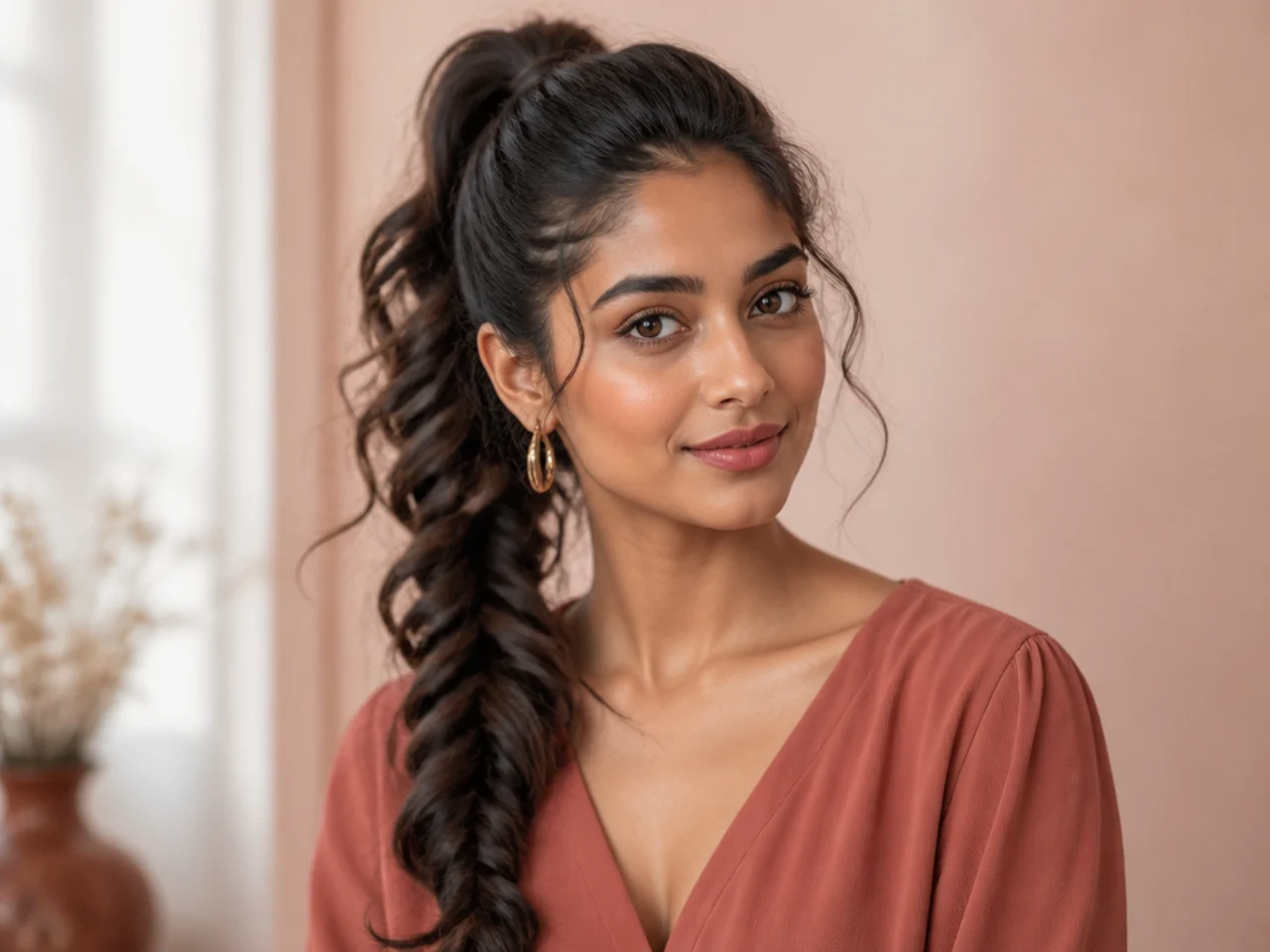 High ponytail with a soft pancaked fishtail braid down the tail on a South Asian woman with long wavy dark hair