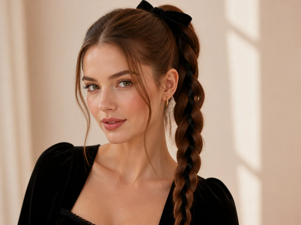 High ponytail with a black velvet ribbon woven into a three-strand braid down the tail on a white woman with long straight chestnut hair