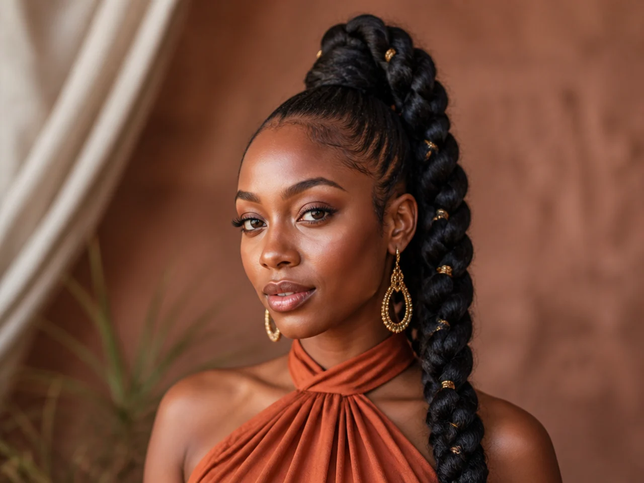 Chunky jumbo goddess braid down the tail of a high ponytail on a Black woman with natural coily hair