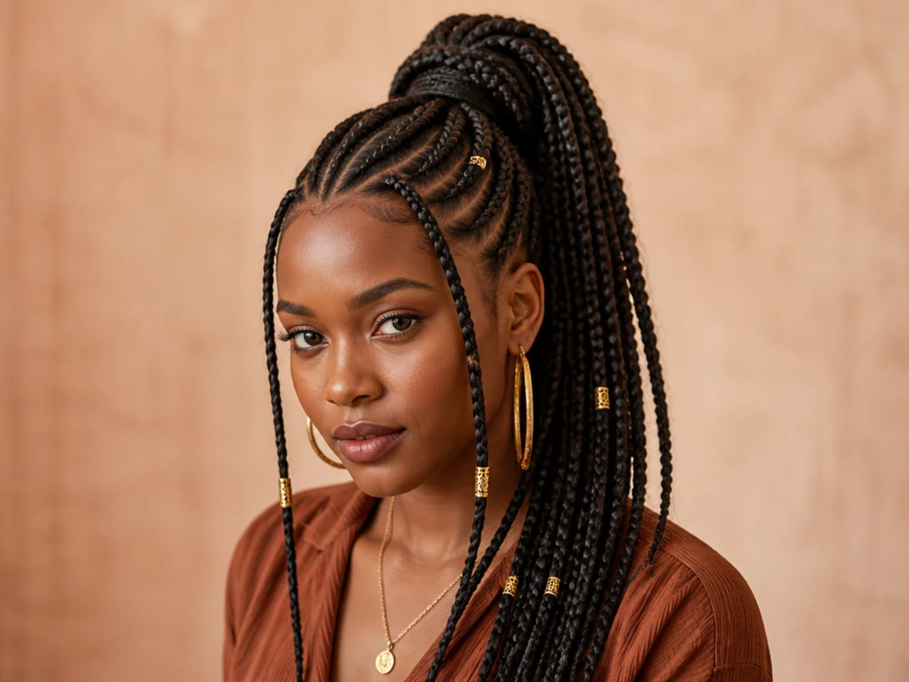 Fulani-inspired cornrows with gold beads feeding into a high ponytail on a Black woman with natural coily hair