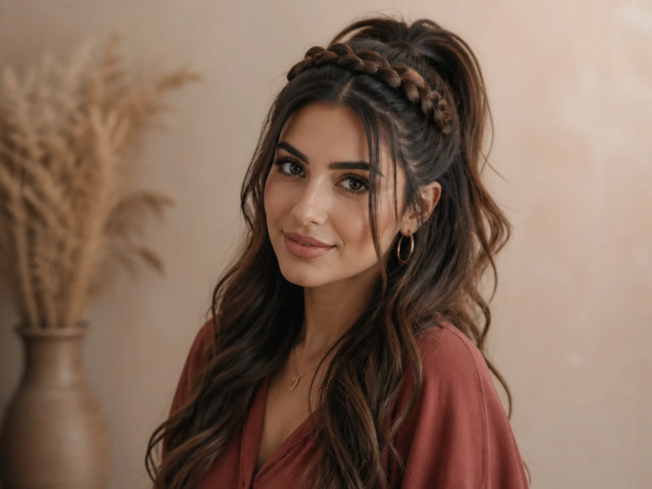 Half-up half-down high ponytail with a milkmaid braid across the crown on a Middle Eastern woman with long wavy dark brown hair