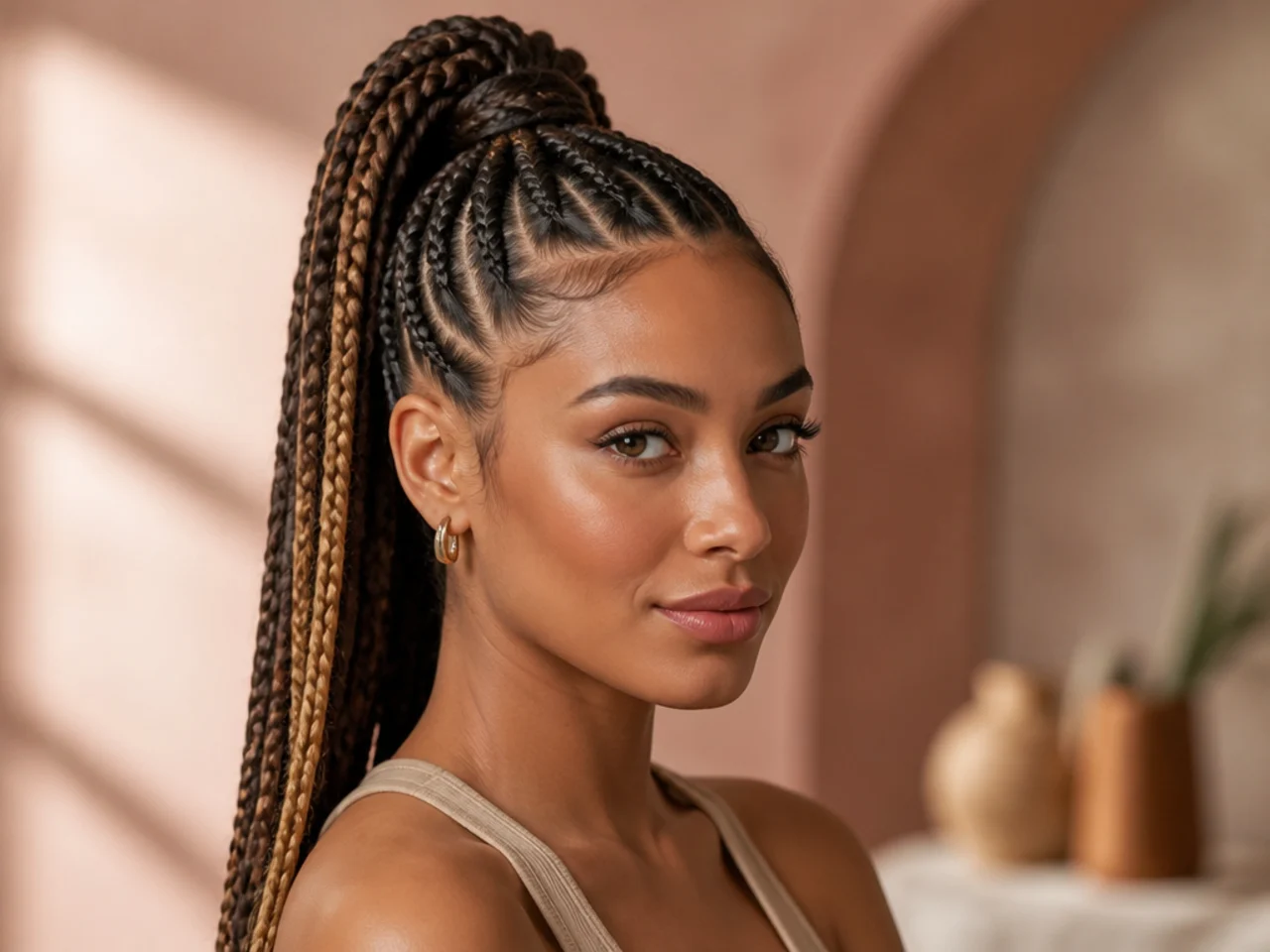 Client showing three braided high ponytail reference photos on a phone to a stylist at a salon chair