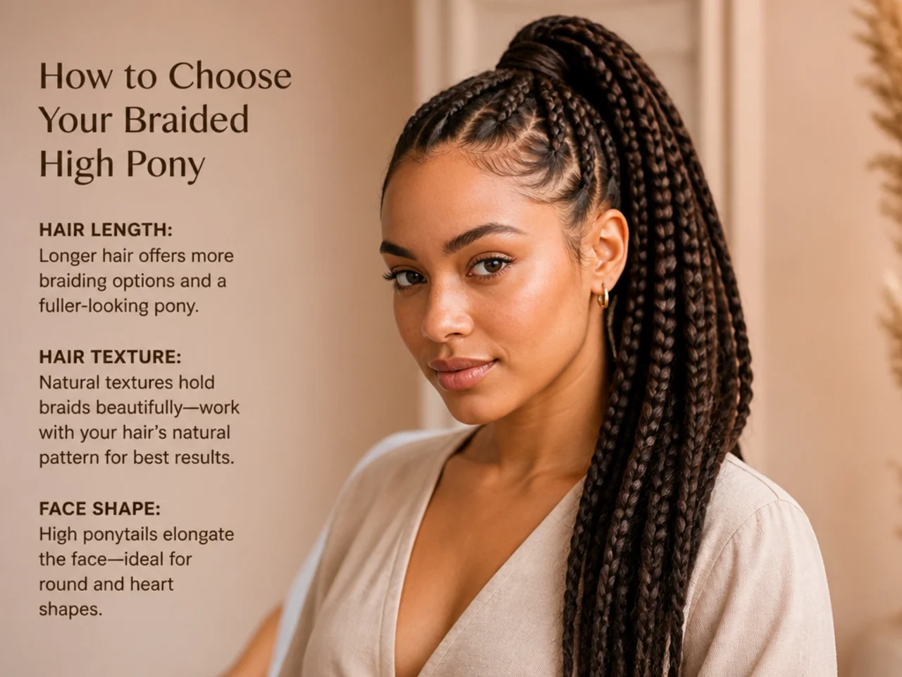Three women modeling different high braided ponytails side by side — sleek snatched, boho pancaked, and Fulani-inspired