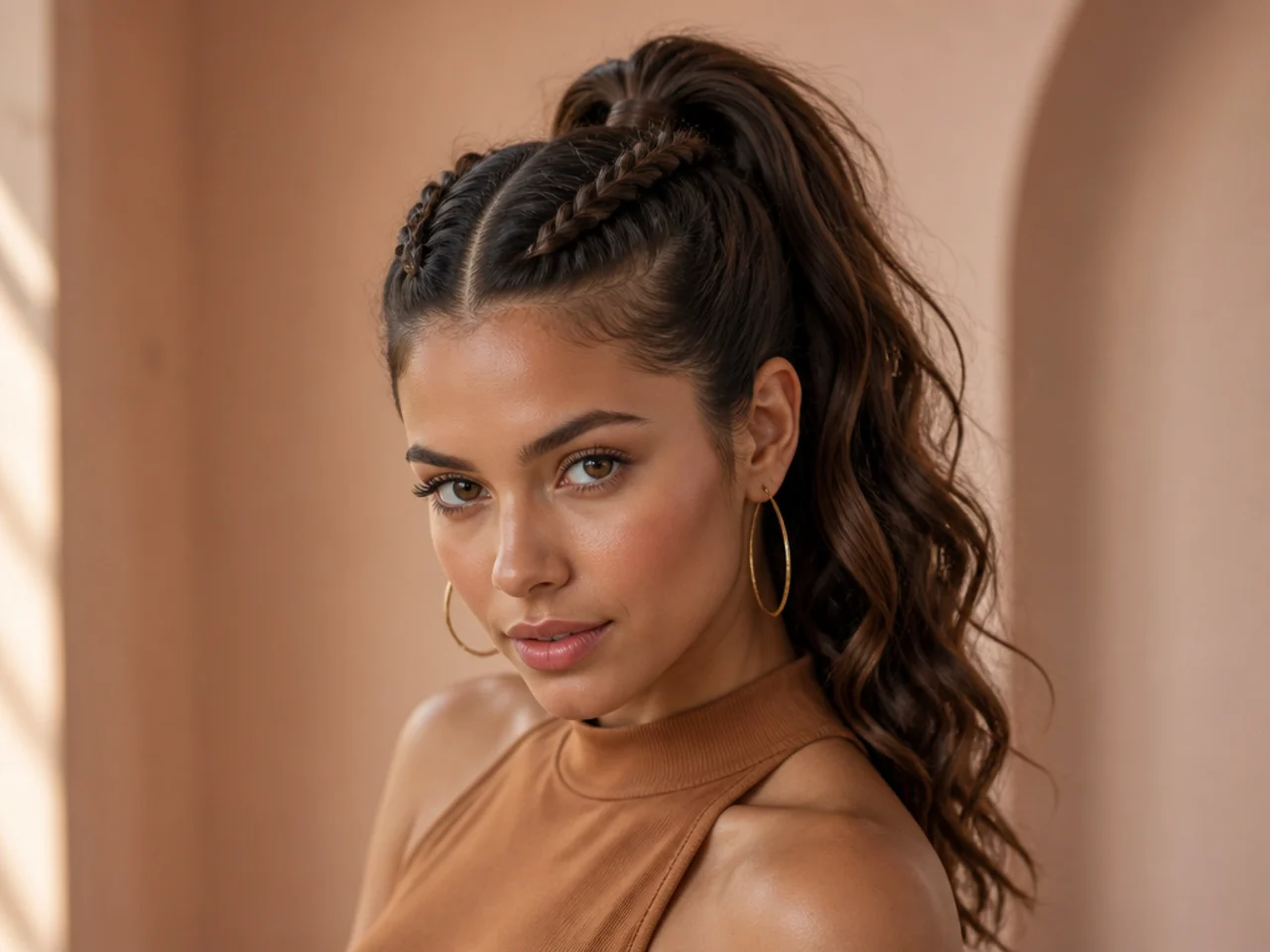 Two symmetrical Dutch boxer braids feeding into a center high ponytail on a Latina woman with wavy dark brunette hair