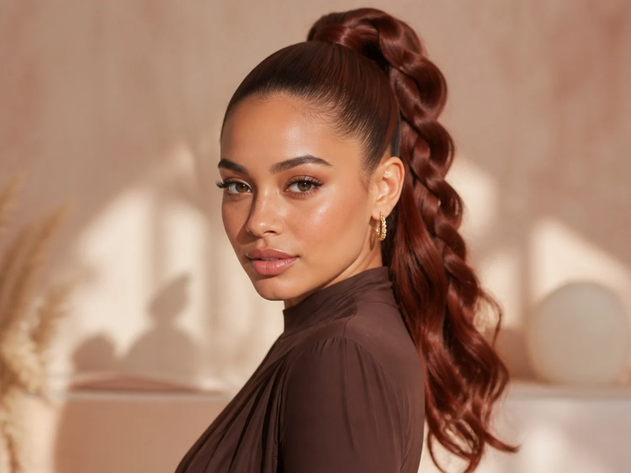 High ponytail with a snake braid compressed into an S-shape down the tail on a woman with long dark auburn hair