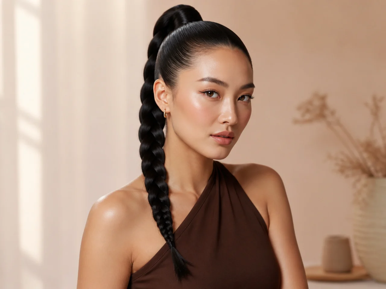 Snatched sleek high ponytail with a three-strand braid down the tail on an East Asian woman with glossy long black hair
