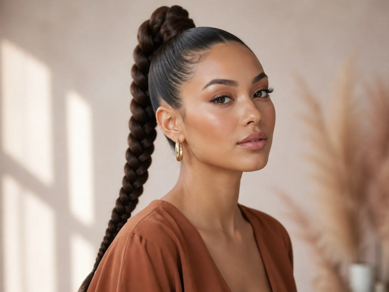 Close-up of a Fulani-inspired braided high ponytail on a Black woman with cornrows feeding into a snatched natural pony