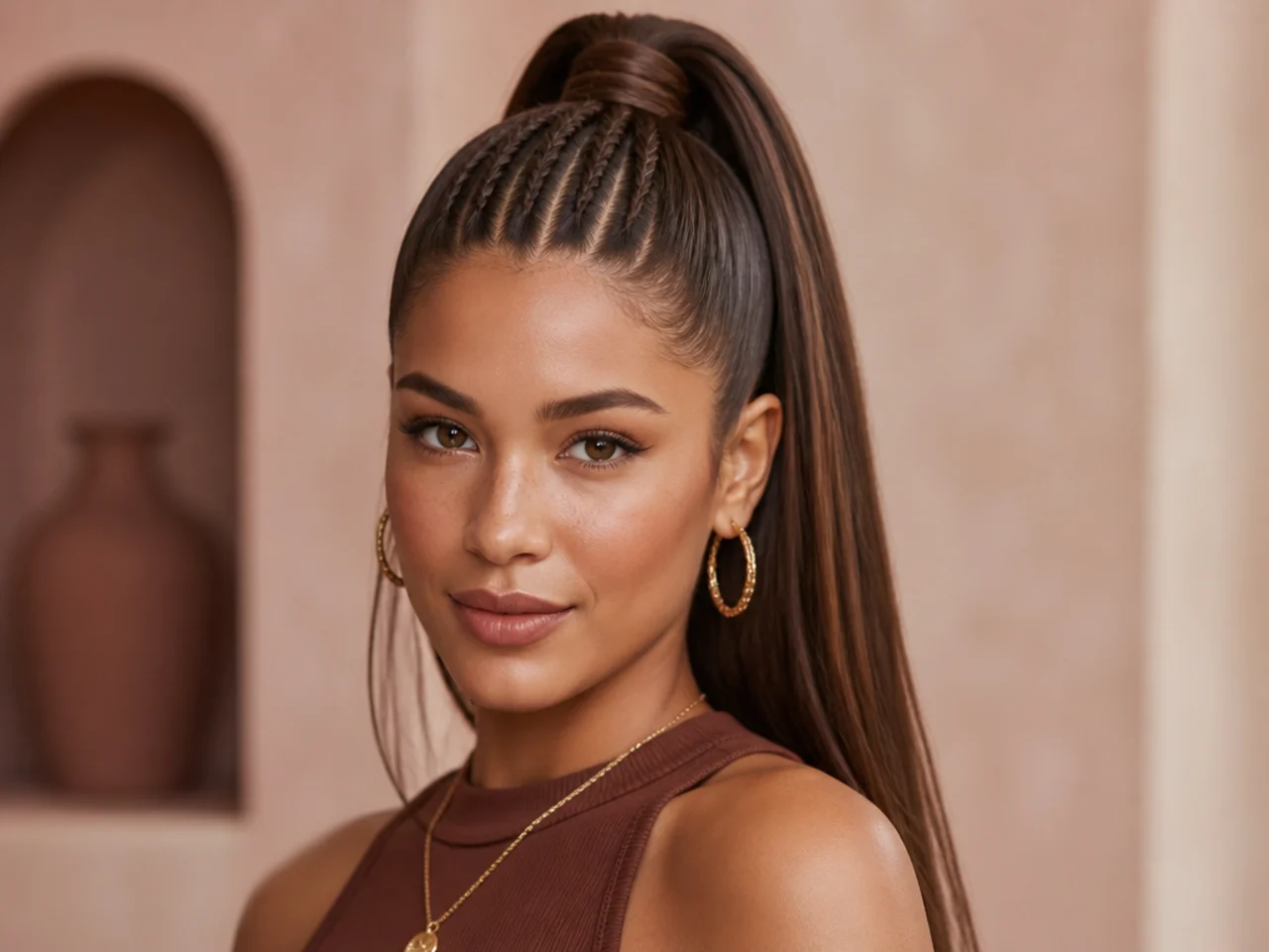 High ponytail with three thin micro braids running from the front hairline to the crown on a mixed-ethnicity woman with medium-brown hair