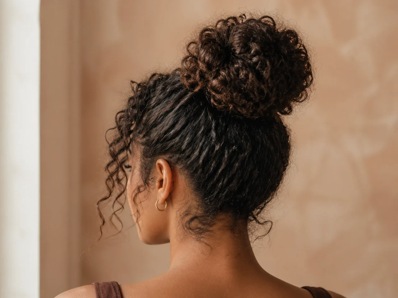 A high bun on curly hair