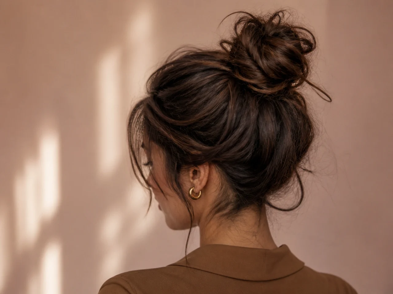 A messy high bun