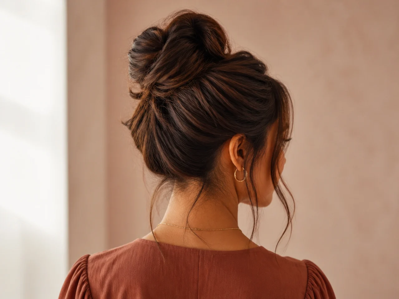 A high bun with face-framing pieces