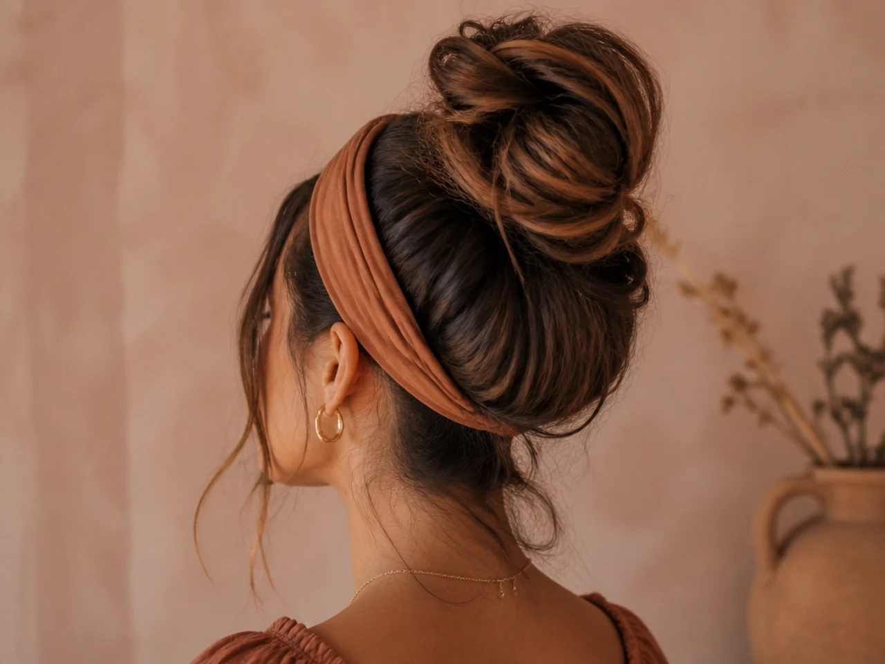 A high bun worn with a headband