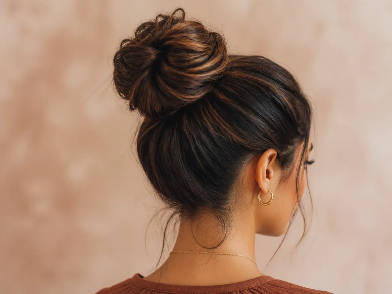 Three-quarter view of a finished high bun