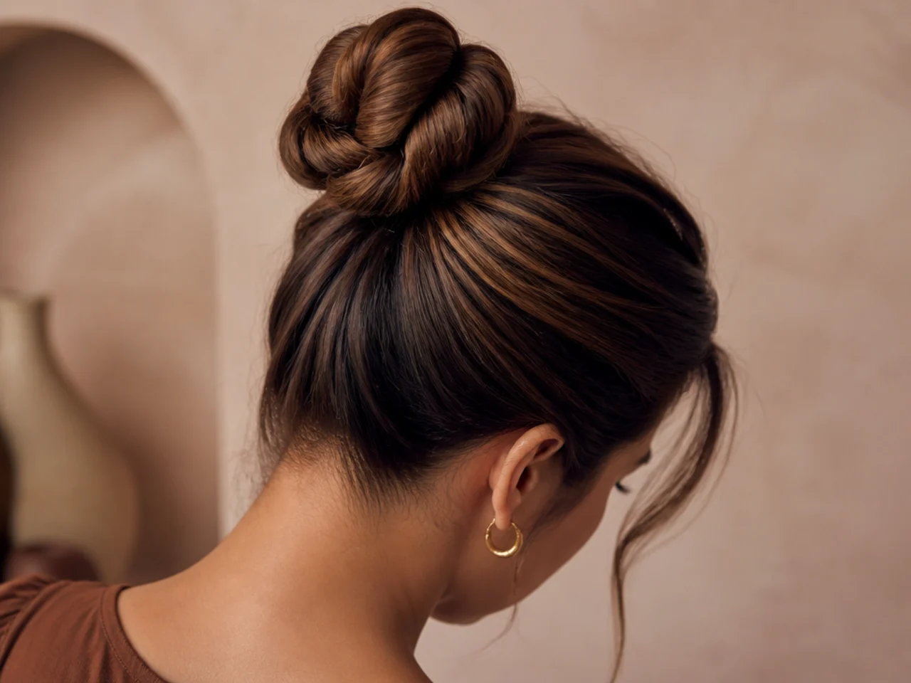 Hair gathered with the head tipped forward