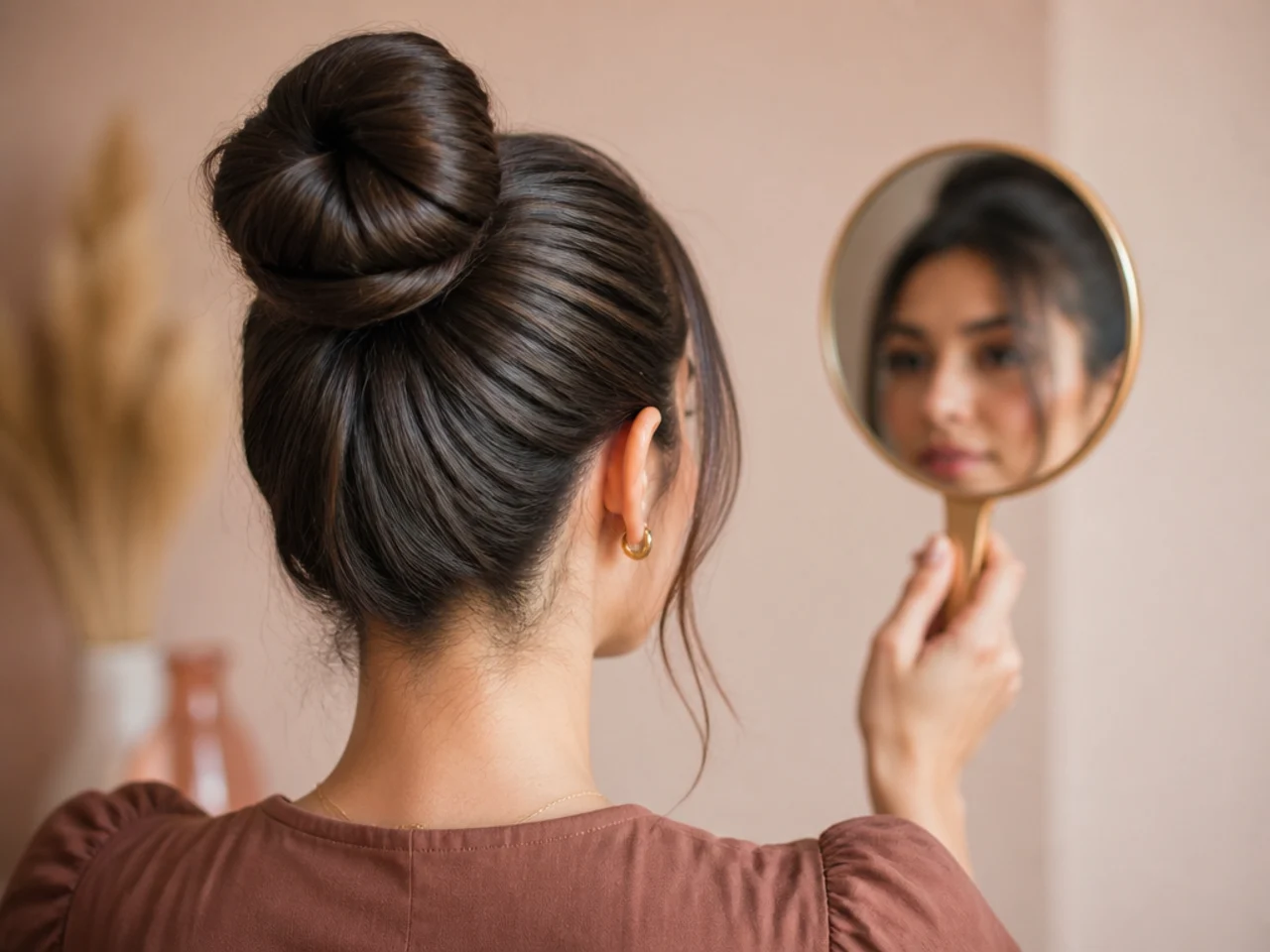 A high bun position checked in a hand mirror